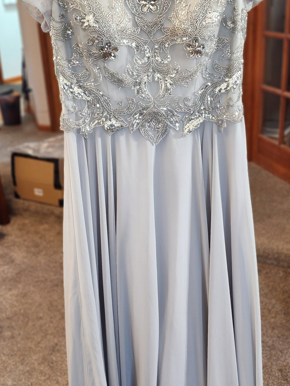 Xscape Silver Beaded Light Blue Maxi Dress